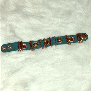 Turquoise faux leather gold rhinestone bracelet